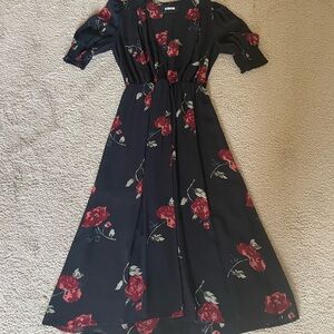 Reformation Red and Black Puff Sleeve Midi Dress